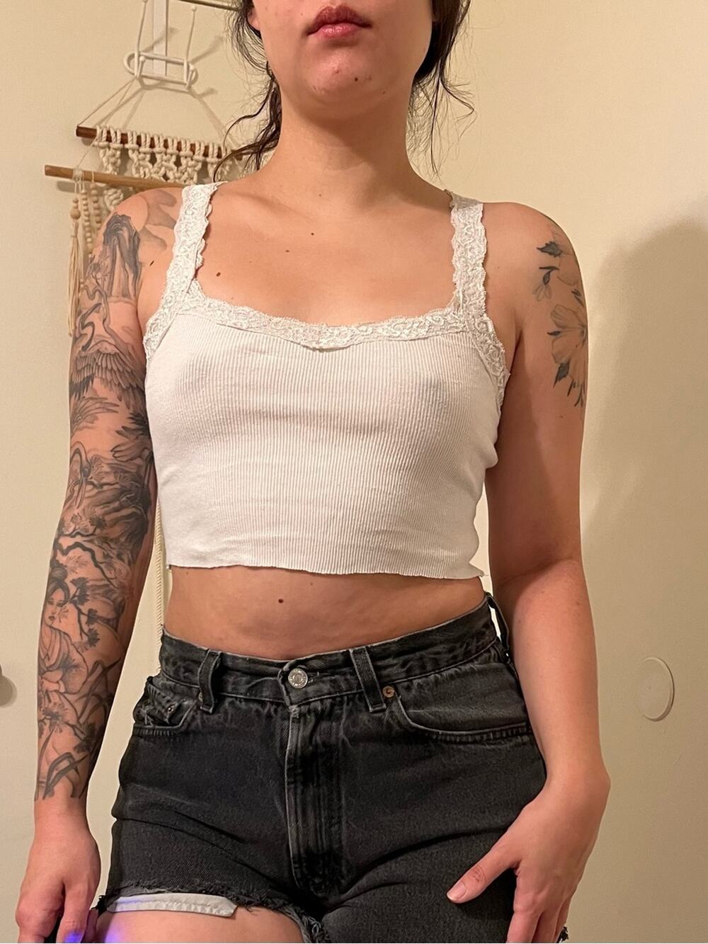 Women's White Lace-Trim Ribbed Crop Tank Top